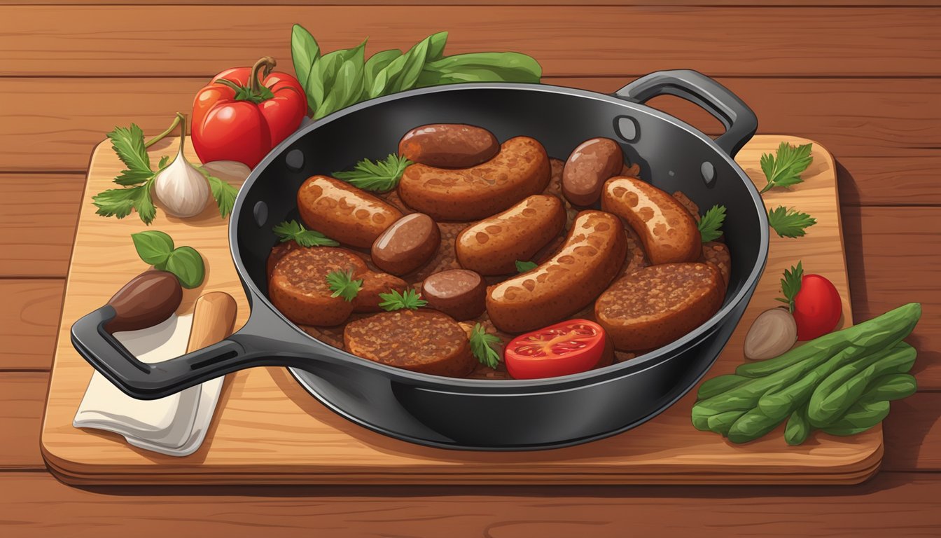 A skillet sizzles as Italian sausage replaces chorizo in a recipe. Ingredients and utensils are neatly arranged on a wooden cutting board