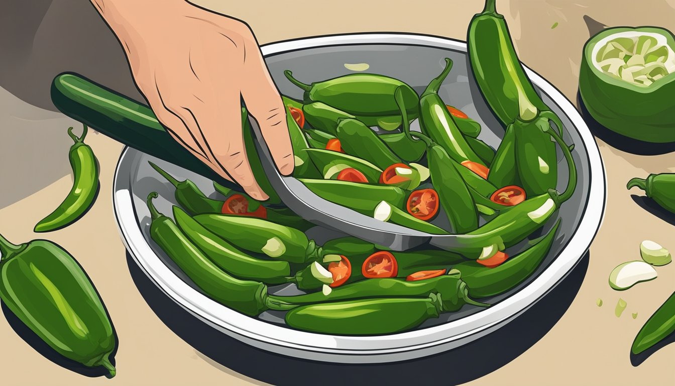 A chef chopping jalapeños to replace serrano peppers in a bowl of salsa