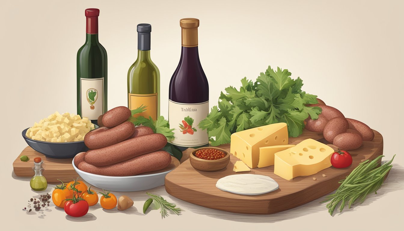 A table with ingredients: Italian sausage, spices, and a bowl of chopped vegetables. A bottle of wine and a plate of cheese nearby