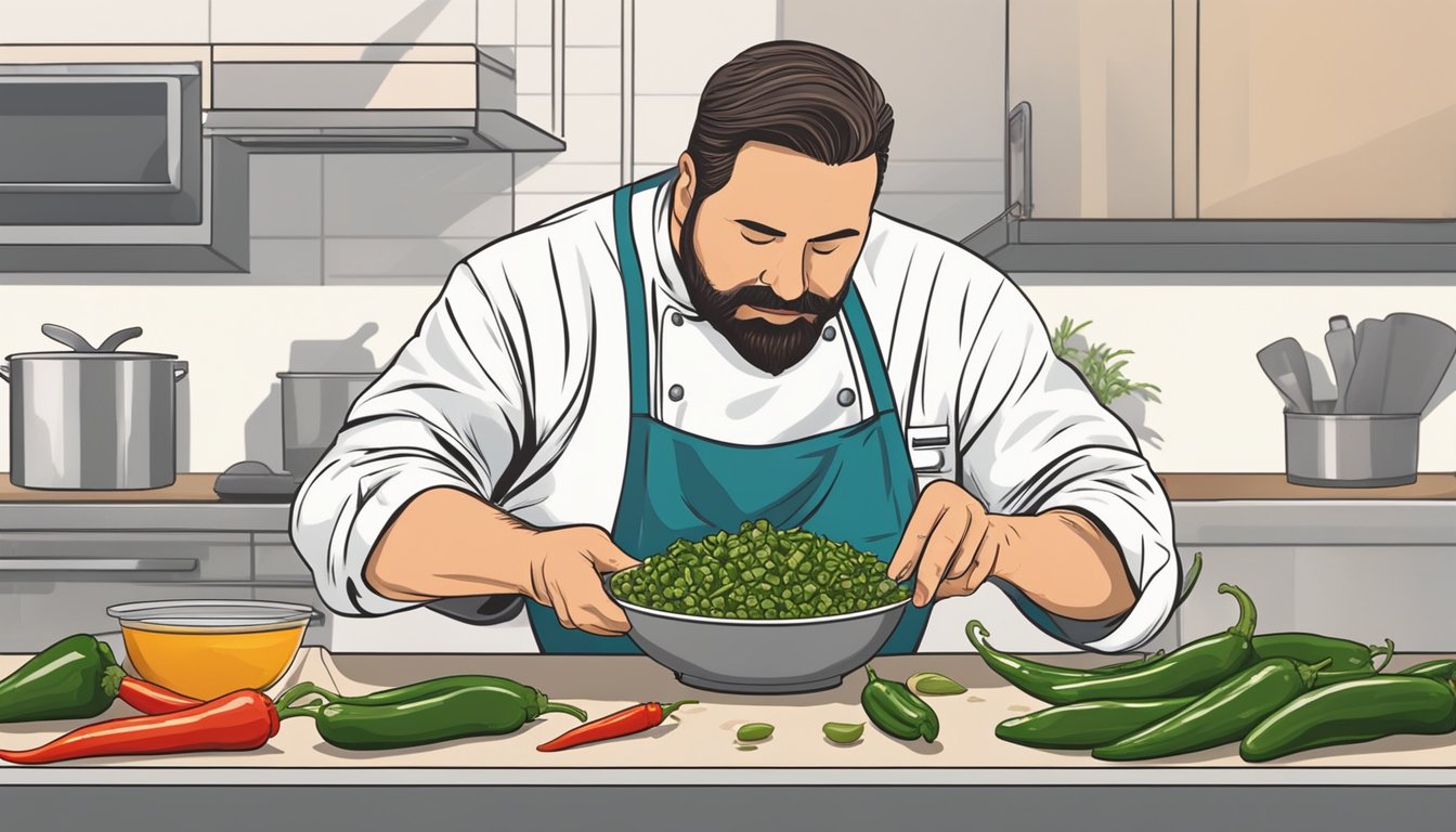 A chef adds diced jalapeños to a bowl of salsa, carefully tasting and adjusting the spice level to ensure consistency across all dishes