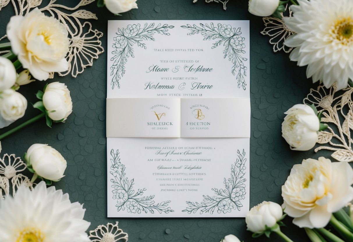 A wedding invitation with two elegant names centered on the card, surrounded by delicate floral designs and intricate patterns