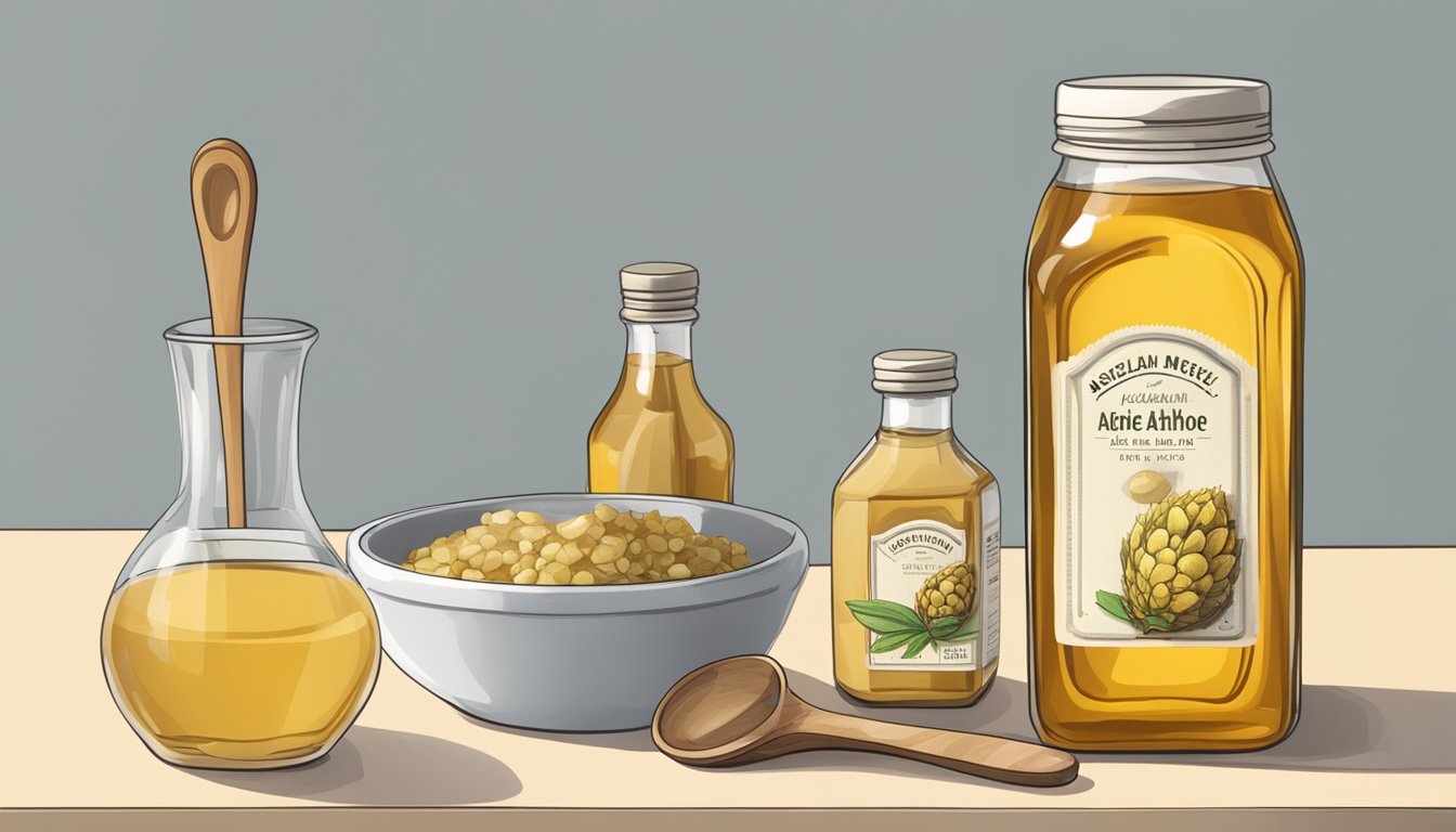 A jar of jerusalem artichoke syrup next to a bottle of agave nectar, with a measuring spoon and a bowl of mixed ingredients on a kitchen counter