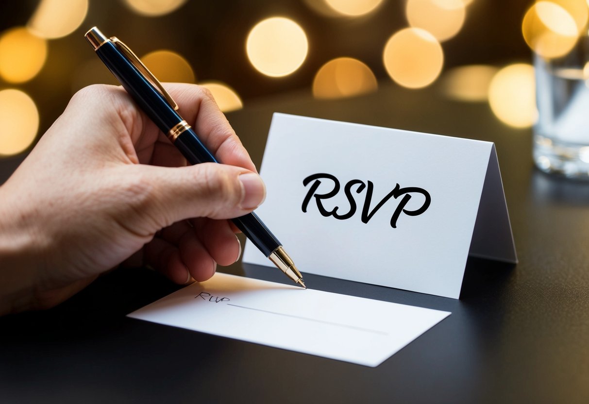 A hand holding a pen, writing a name on an RSVP card