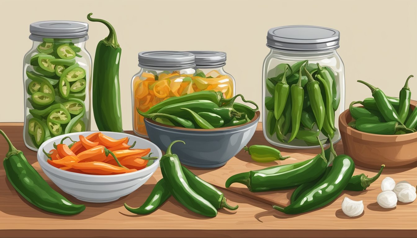 Fresh jalapeños and serrano peppers on a cutting board, surrounded by bowls of various preservation methods like pickling, drying, and freezing