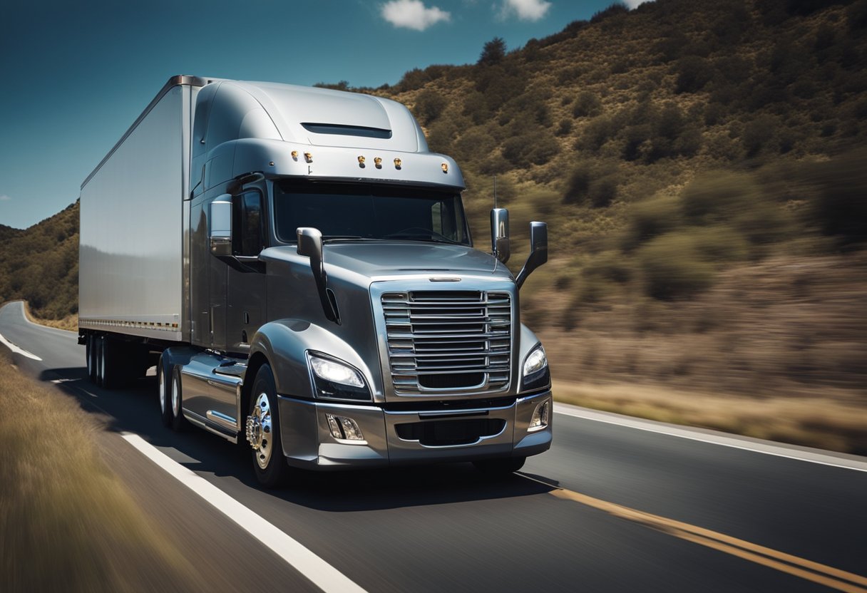 A semi truck driving on a bumpy road, with visible vibrations and shaking in the vehicle's body and wheels