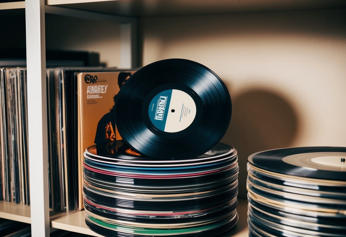 A pile of vinyl records stacked on a shelf, with one album cover prominently displayed featuring a recognizable image or logo