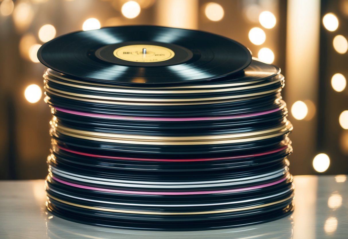 A pile of vinyl records stacked high, with a golden record on top, symbolizing the best-selling album of all time