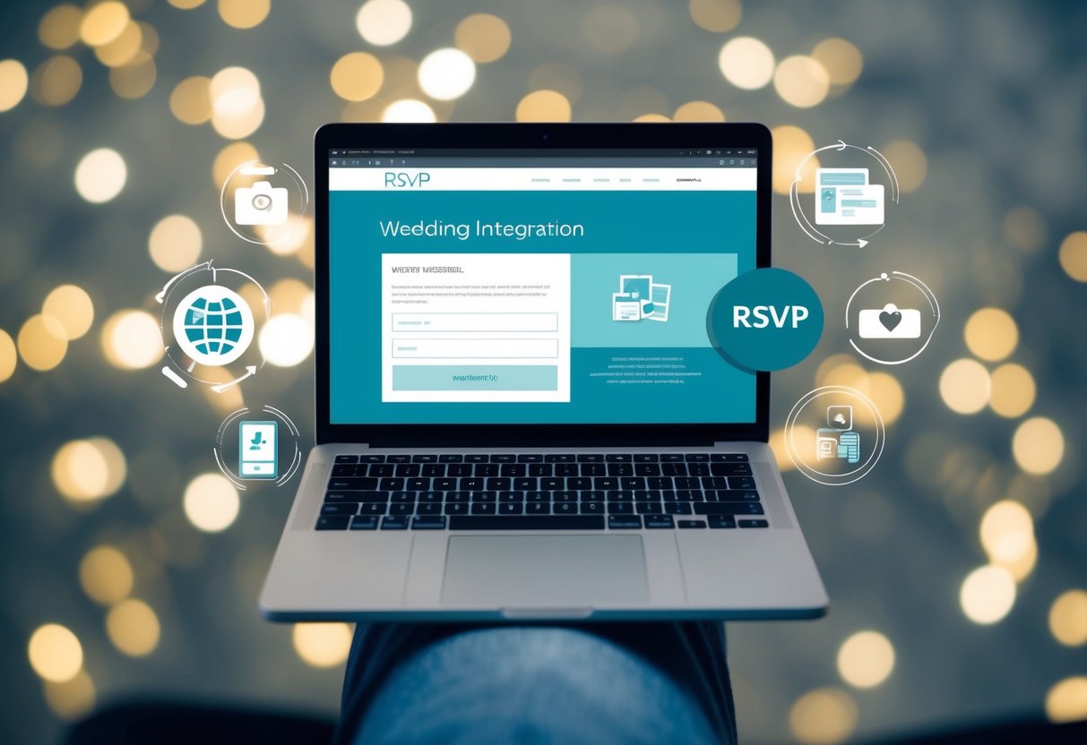 A laptop displaying a wedding website with an RSVP section open, surrounded by digital integration symbols and wedding-related graphics