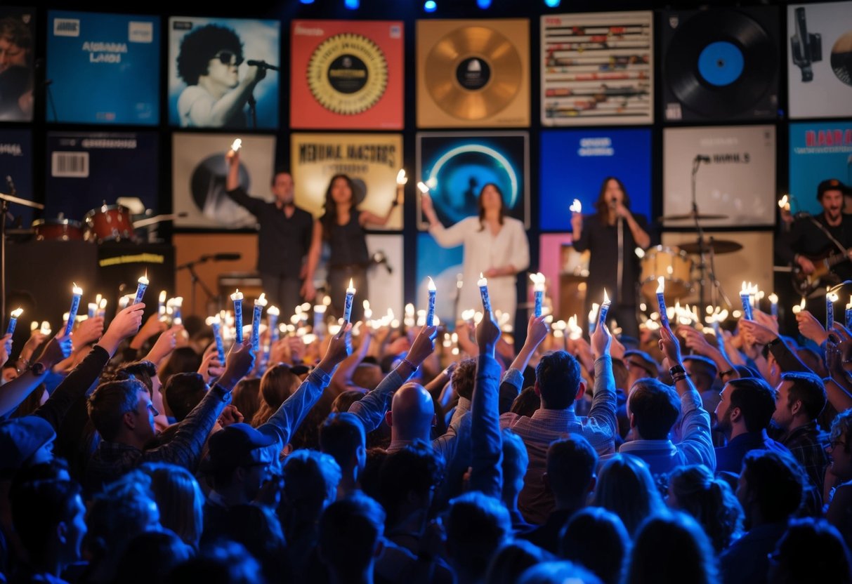 A stage with a crowd of people holding up lighters and swaying to the music, surrounded by iconic album covers and musical instruments