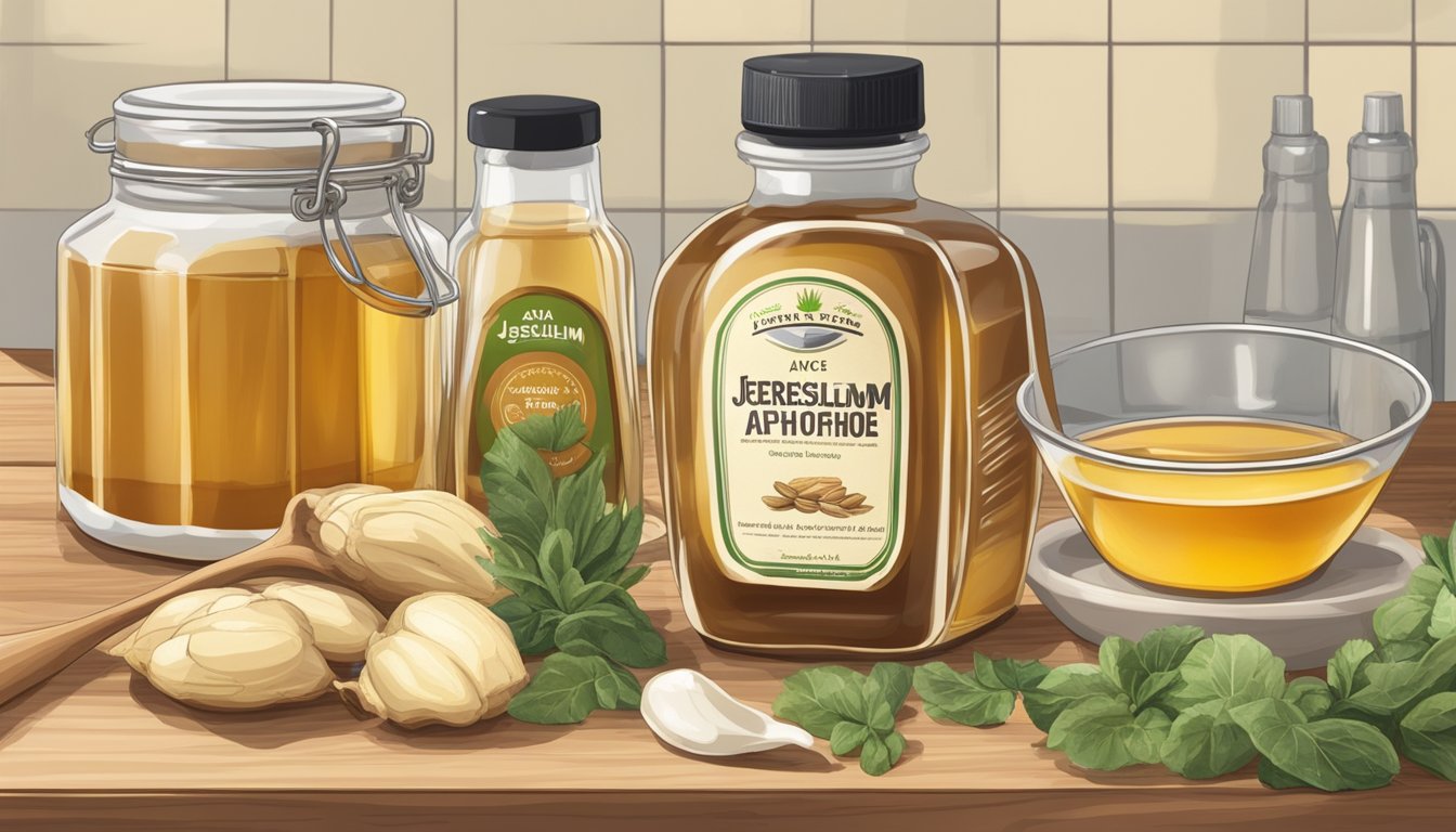 A jar of jerusalem artichoke syrup next to a bottle of agave nectar, surrounded by various sweeteners and ingredients on a kitchen counter