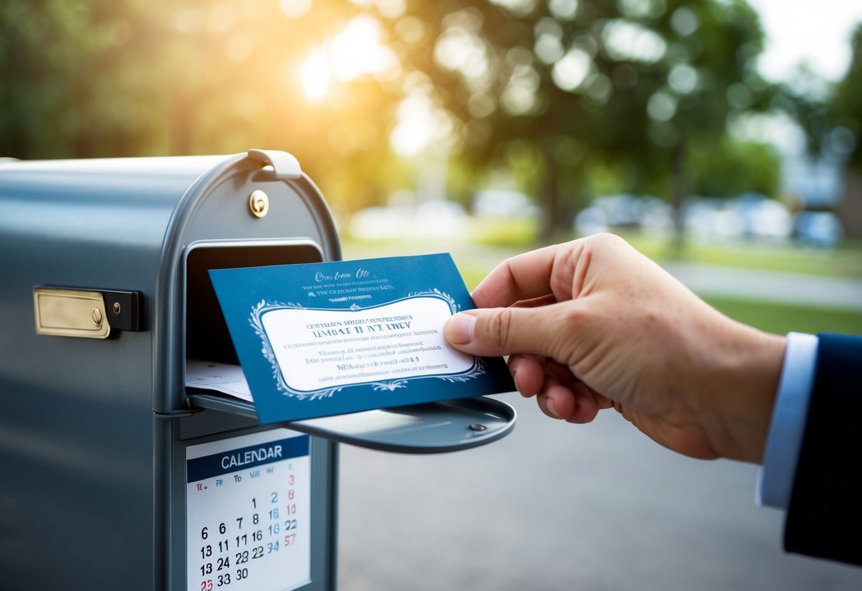 A hand placing an invitation in a mailbox with a calendar in the background showing the date of the event