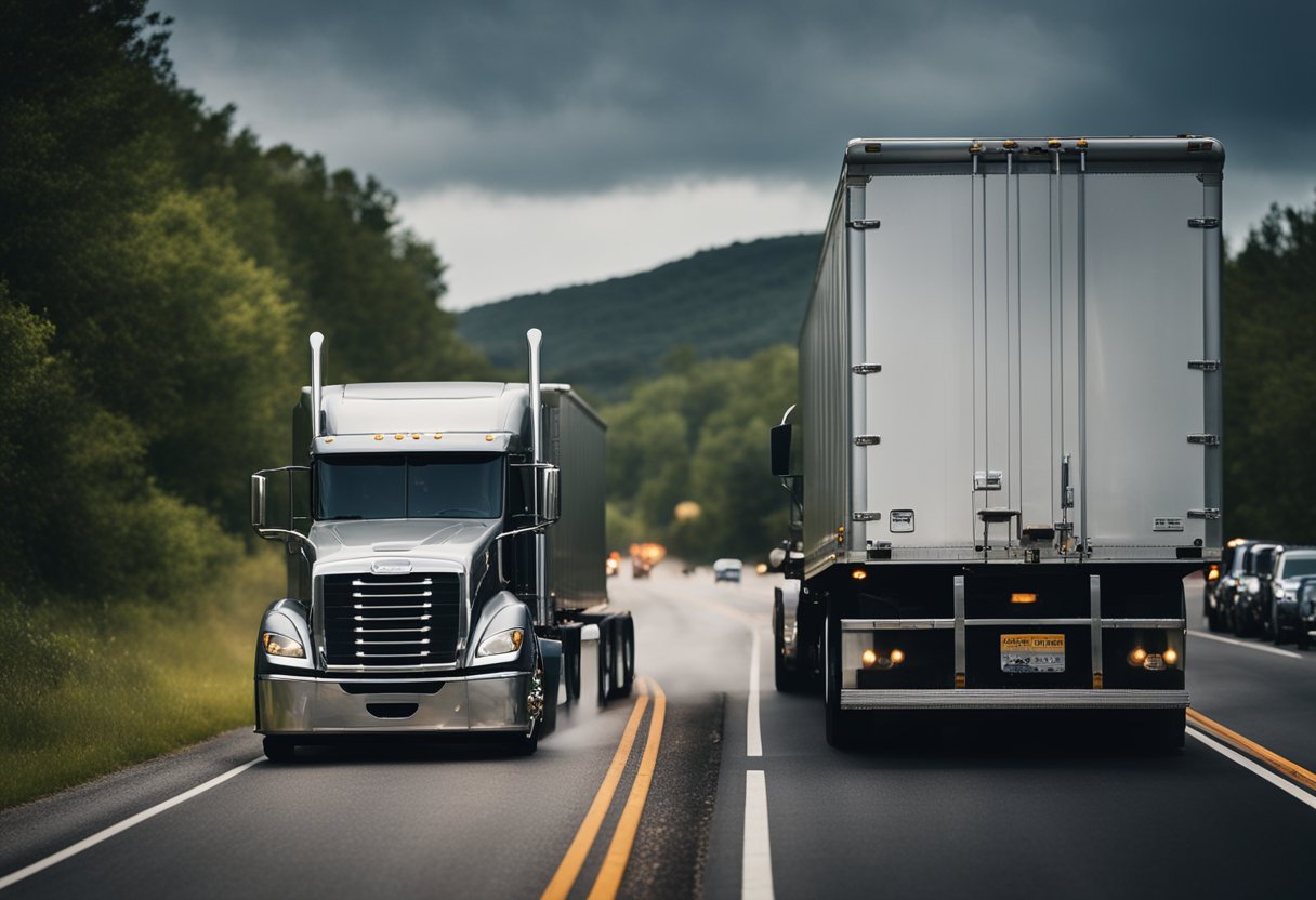 A semi truck sits on the side of a busy highway, smoke billowing from its engine as it appears to have broken down once again