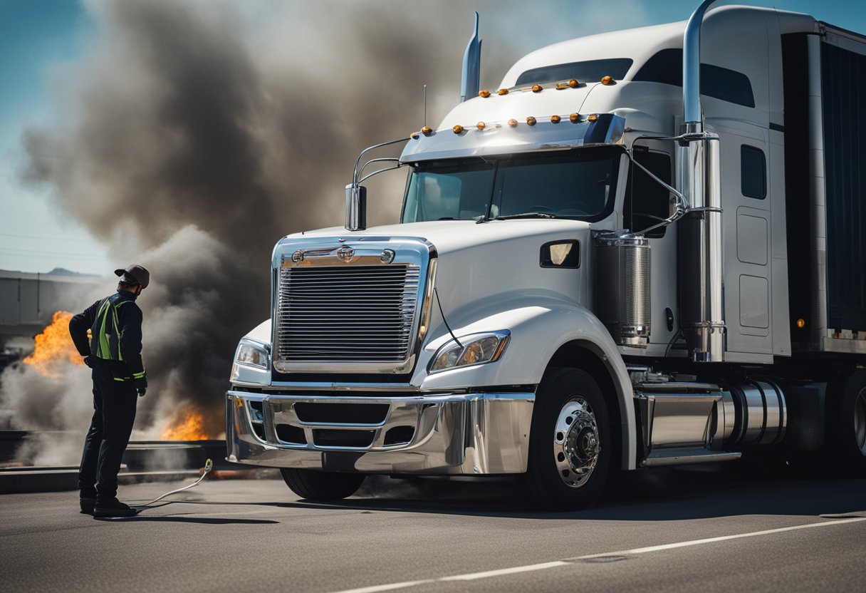 A semi truck with smoke billowing from its engine, surrounded by a mechanic inspecting the broken-down vehicle on the side of a busy highway