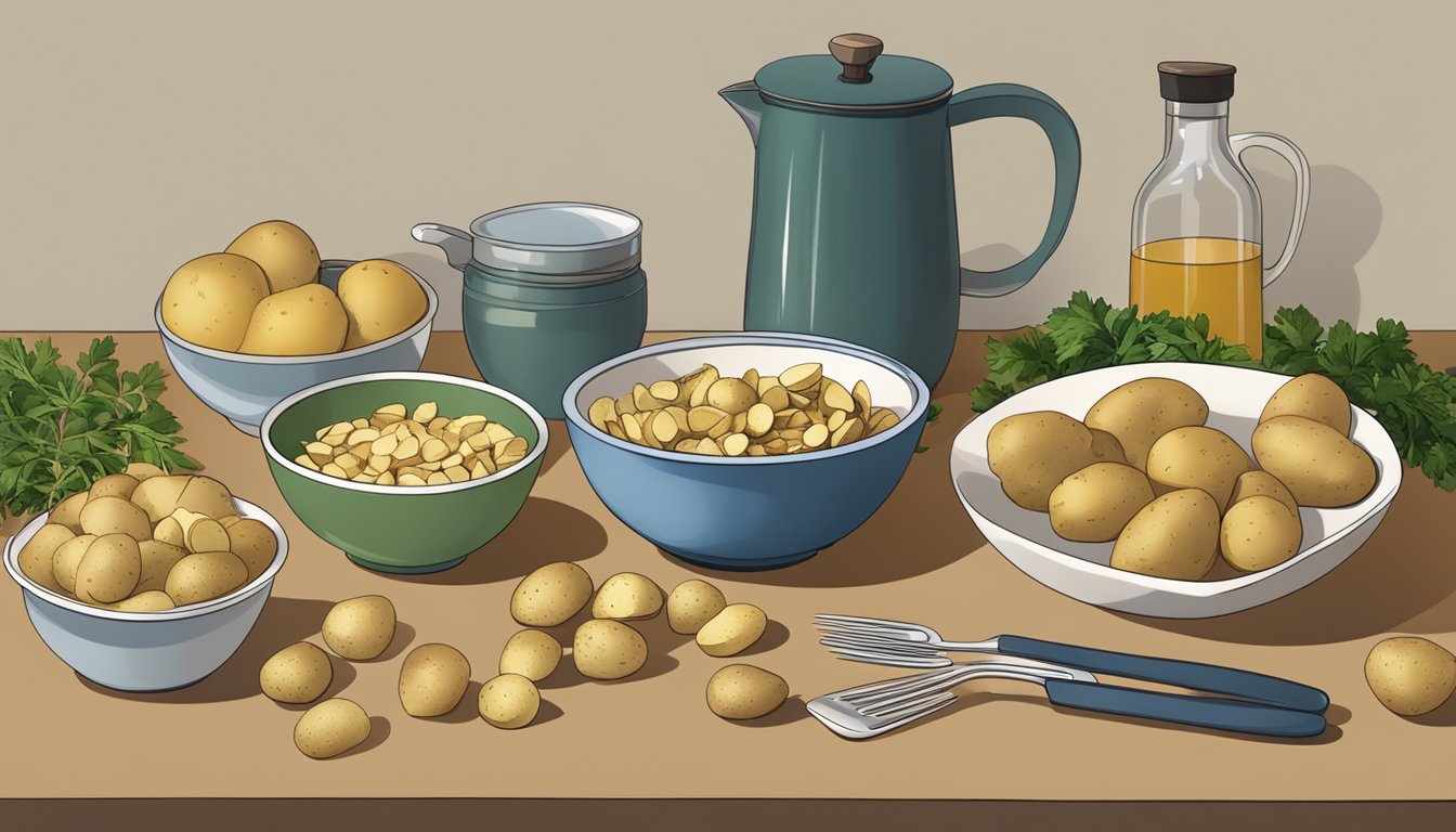 A kitchen counter with a bowl of Jerusalem artichokes next to a bowl of potatoes, with ingredients and utensils scattered around