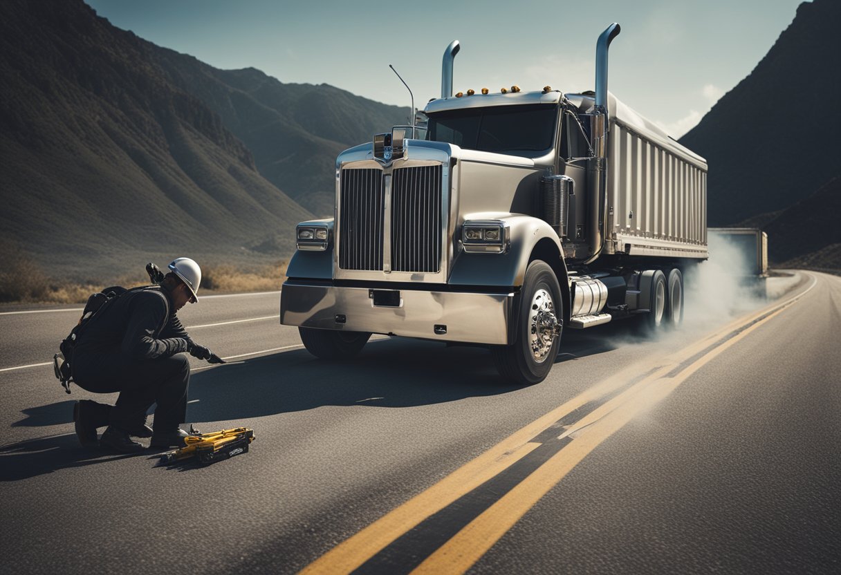 A semi truck with a smoking engine on the side of a deserted highway, surrounded by scattered tools and a mechanic inspecting the critical components