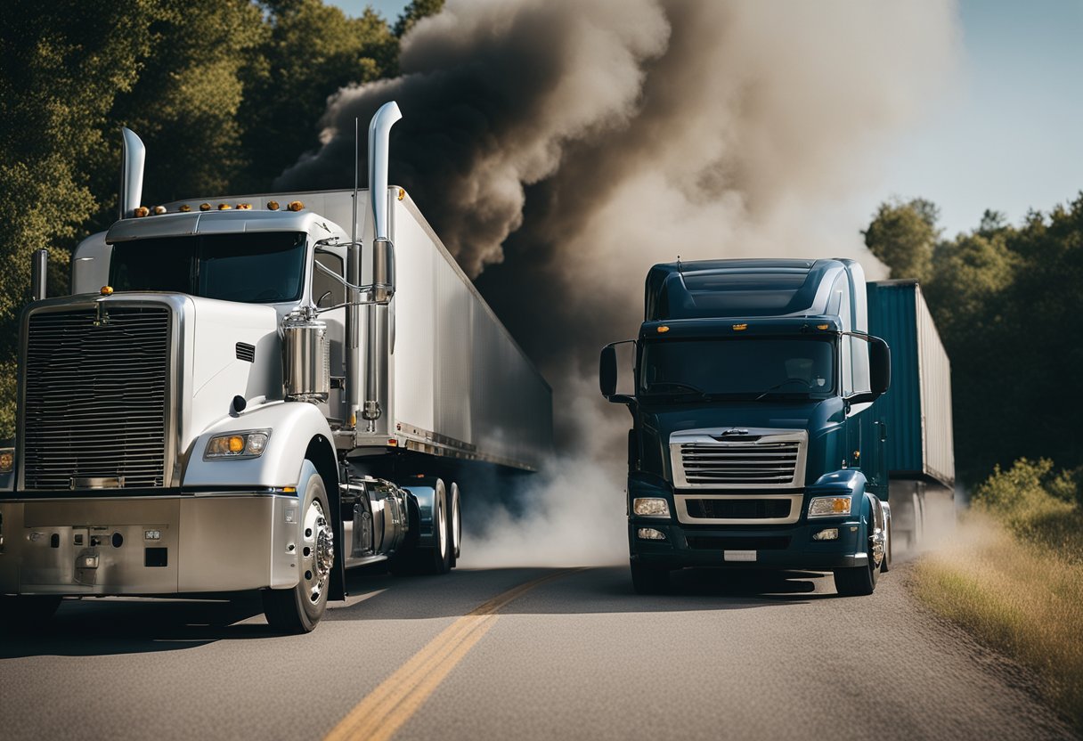 A semi-truck on the side of the road with smoke billowing from the engine, a mechanic inspecting the vehicle, and a toolbox nearby