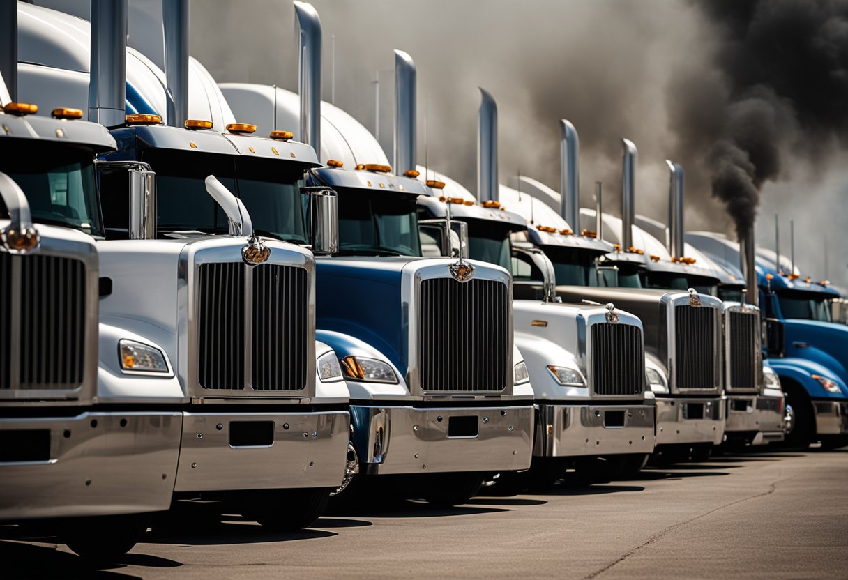 A row of semi trucks lined up, one broken down with smoke billowing from under the hood, while others stand tall and ready