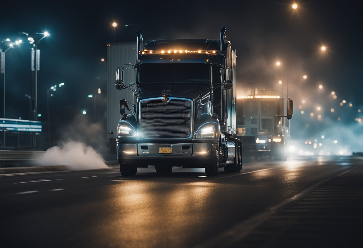 A semi truck with smoke billowing from its engine sits on the side of a busy highway, surrounded by flashing emergency lights