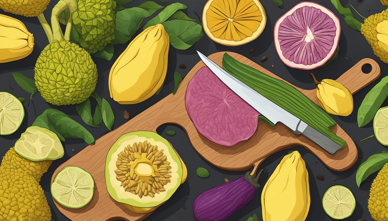 A colorful array of fresh jackfruit, vegetables, and spices arranged on a cutting board, with a knife slicing through the ripe jackfruit to showcase its meat-like texture