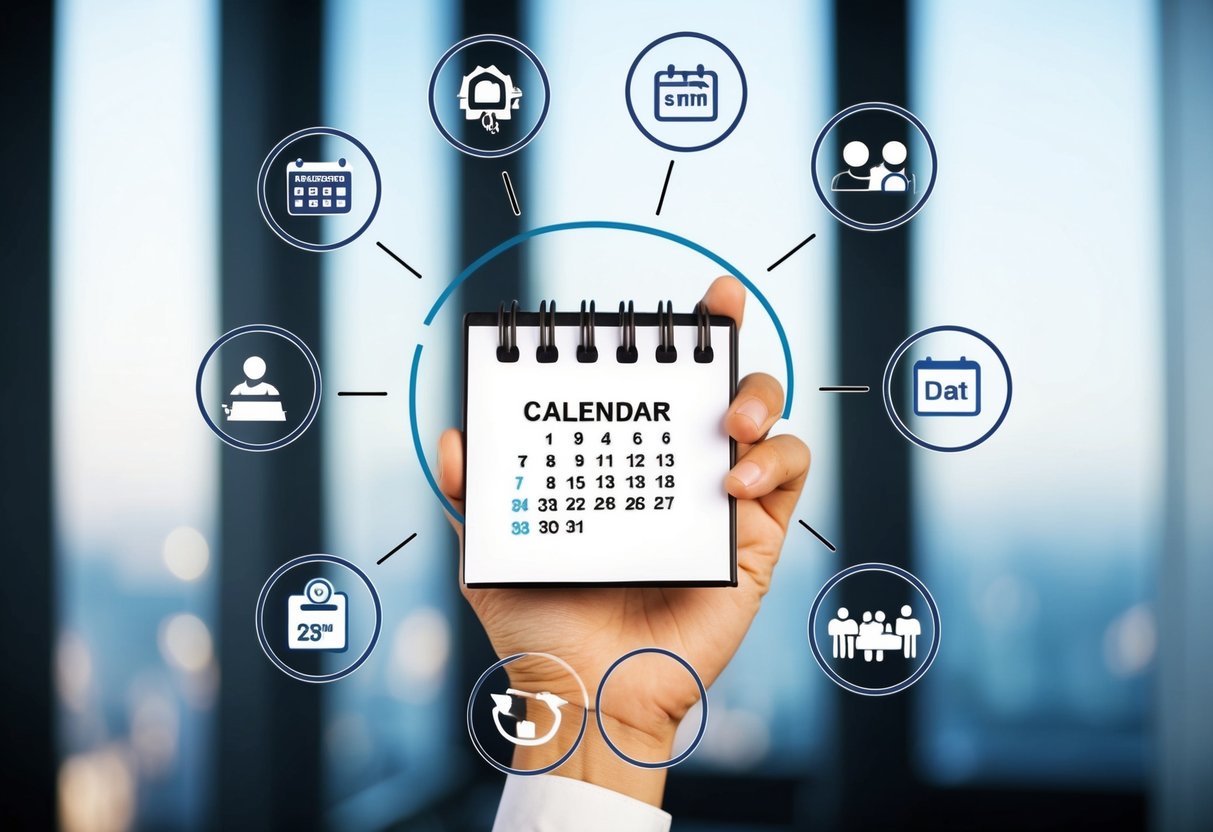 A hand holding a calendar with a date circled, surrounded by various symbols representing different guest needs