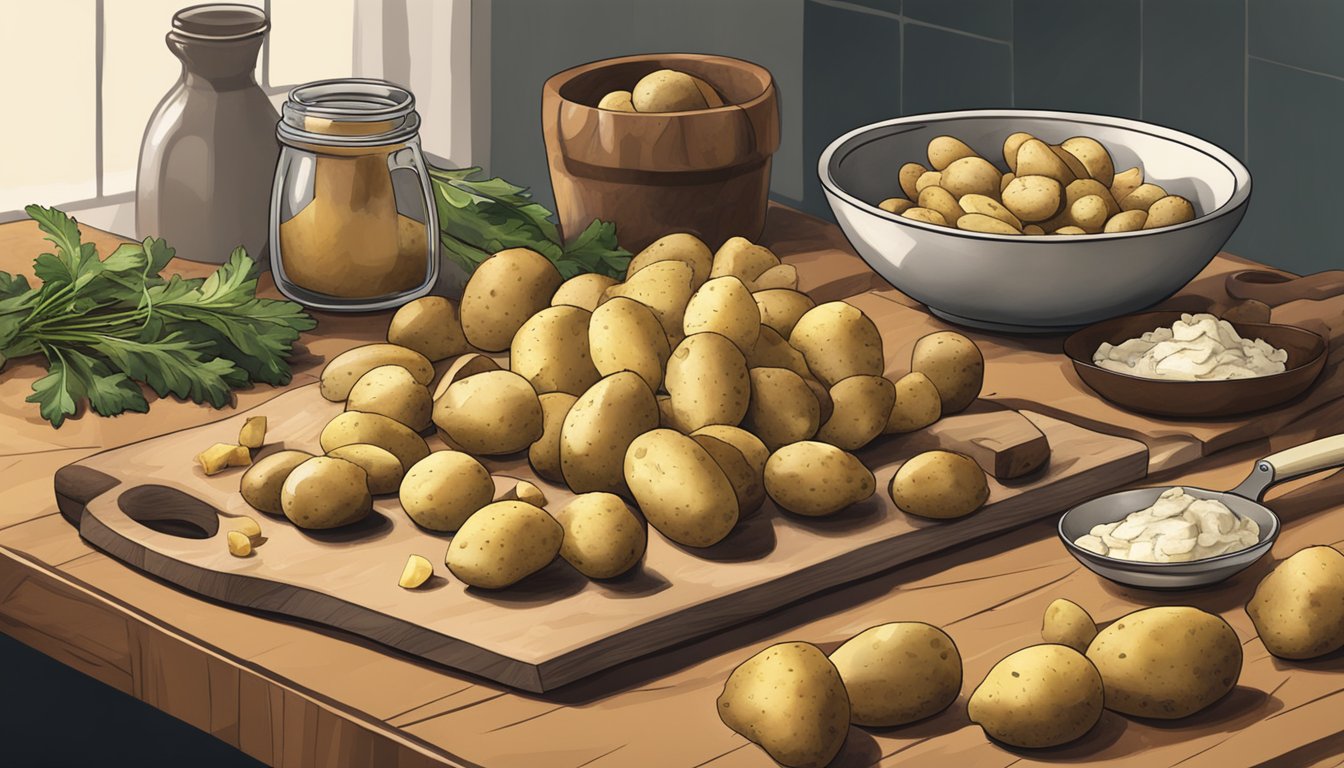 A kitchen counter with a pile of Jerusalem artichokes and potatoes, with a chef's knife and cutting board nearby