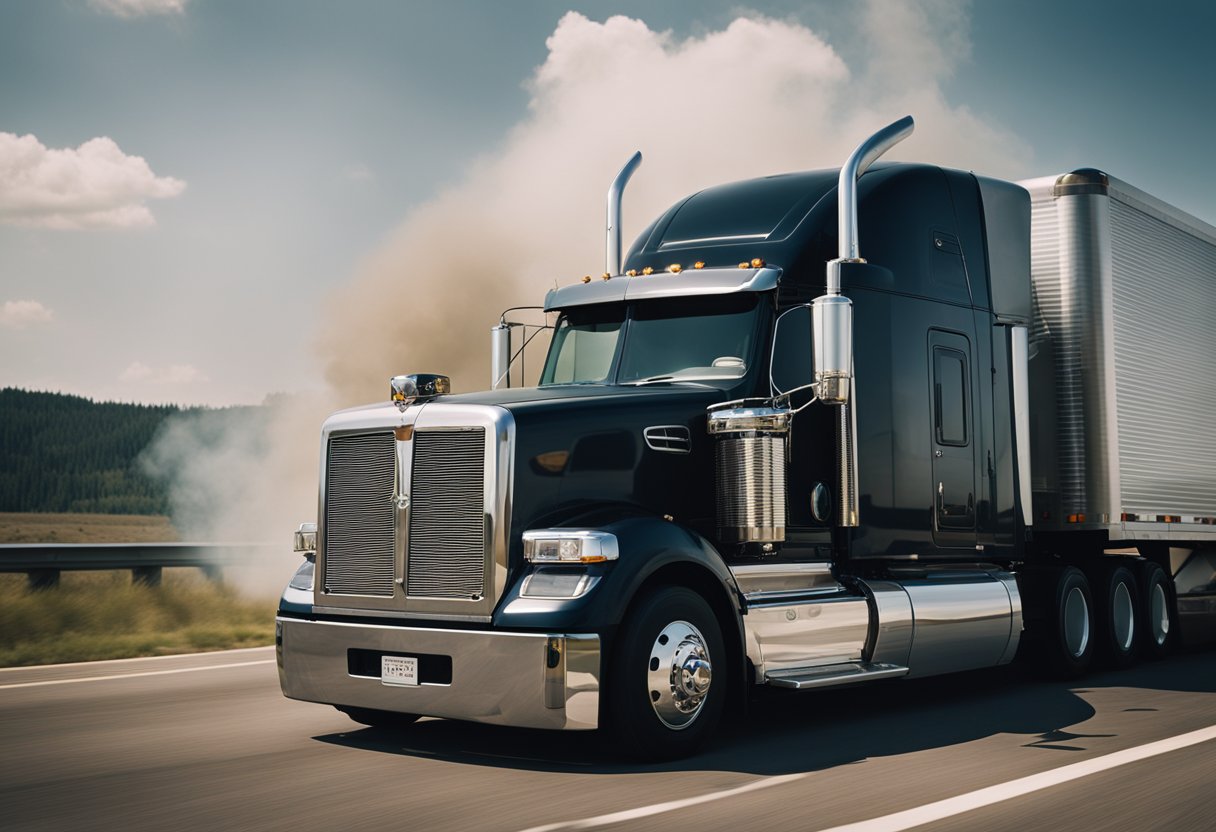 A semi truck with smoke billowing from its engine on the side of a deserted highway