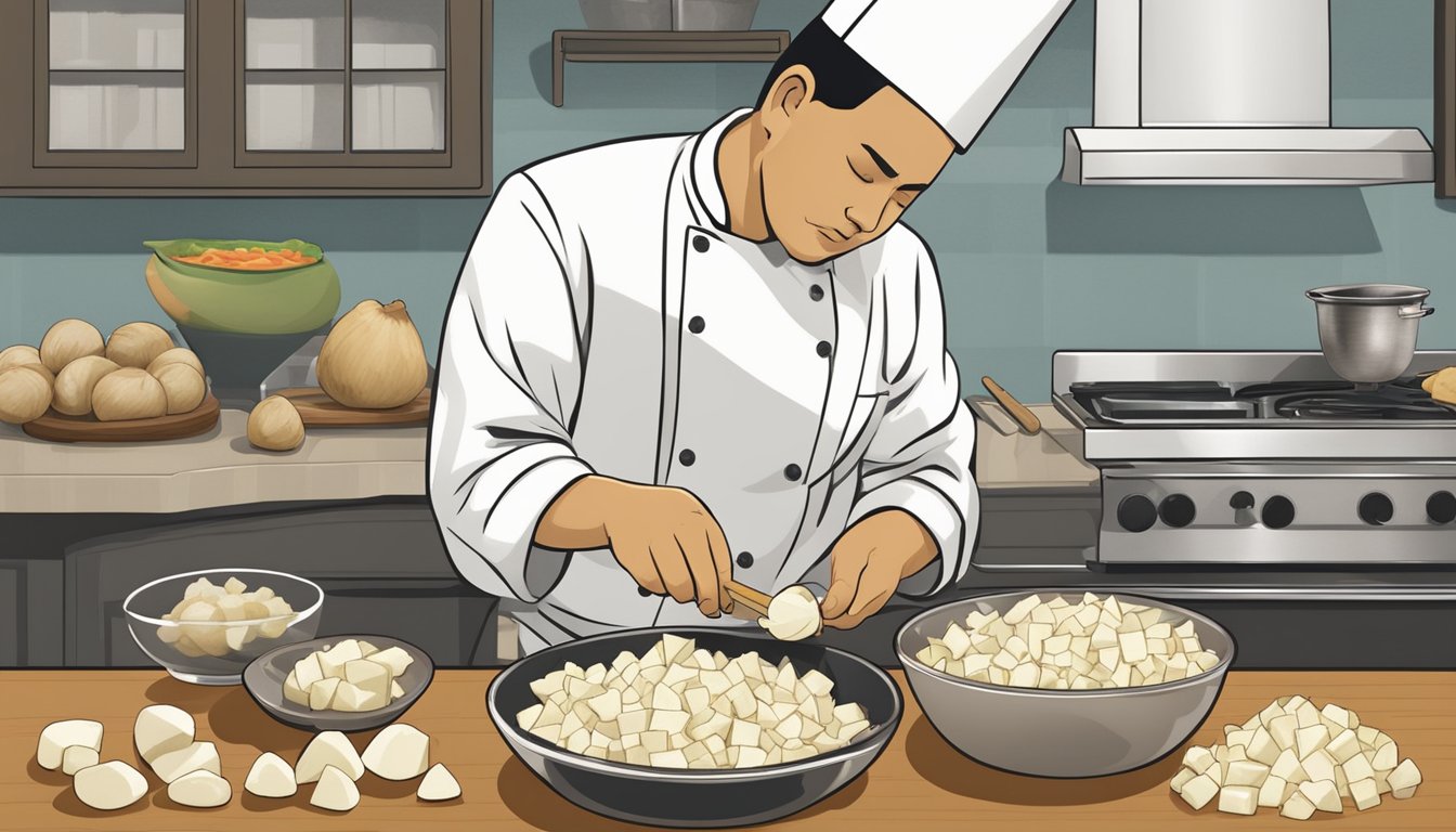 A chef chopping jicama and water chestnuts, with a bowl of diced jicama replacing water chestnuts in a stir-fry