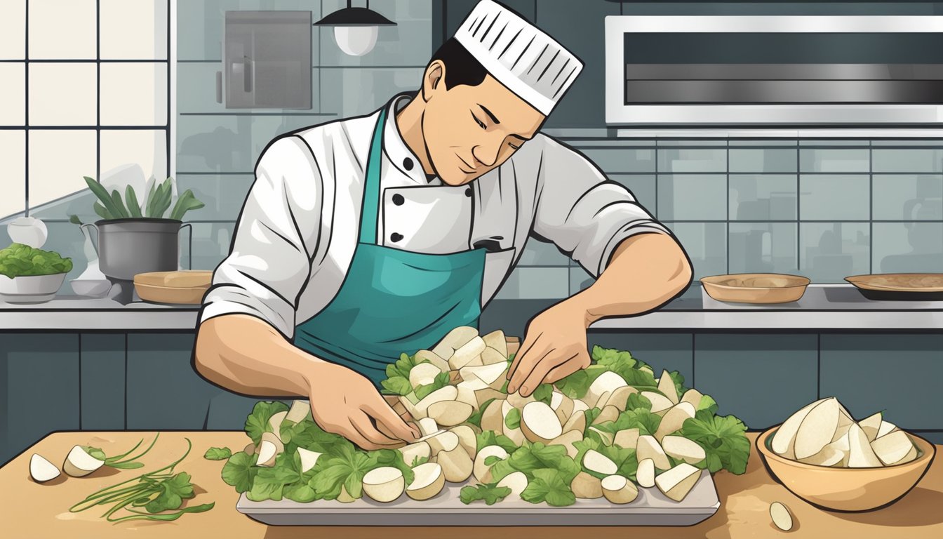 A chef chopping jicama into thin slices to substitute for water chestnuts in a stir-fry dish