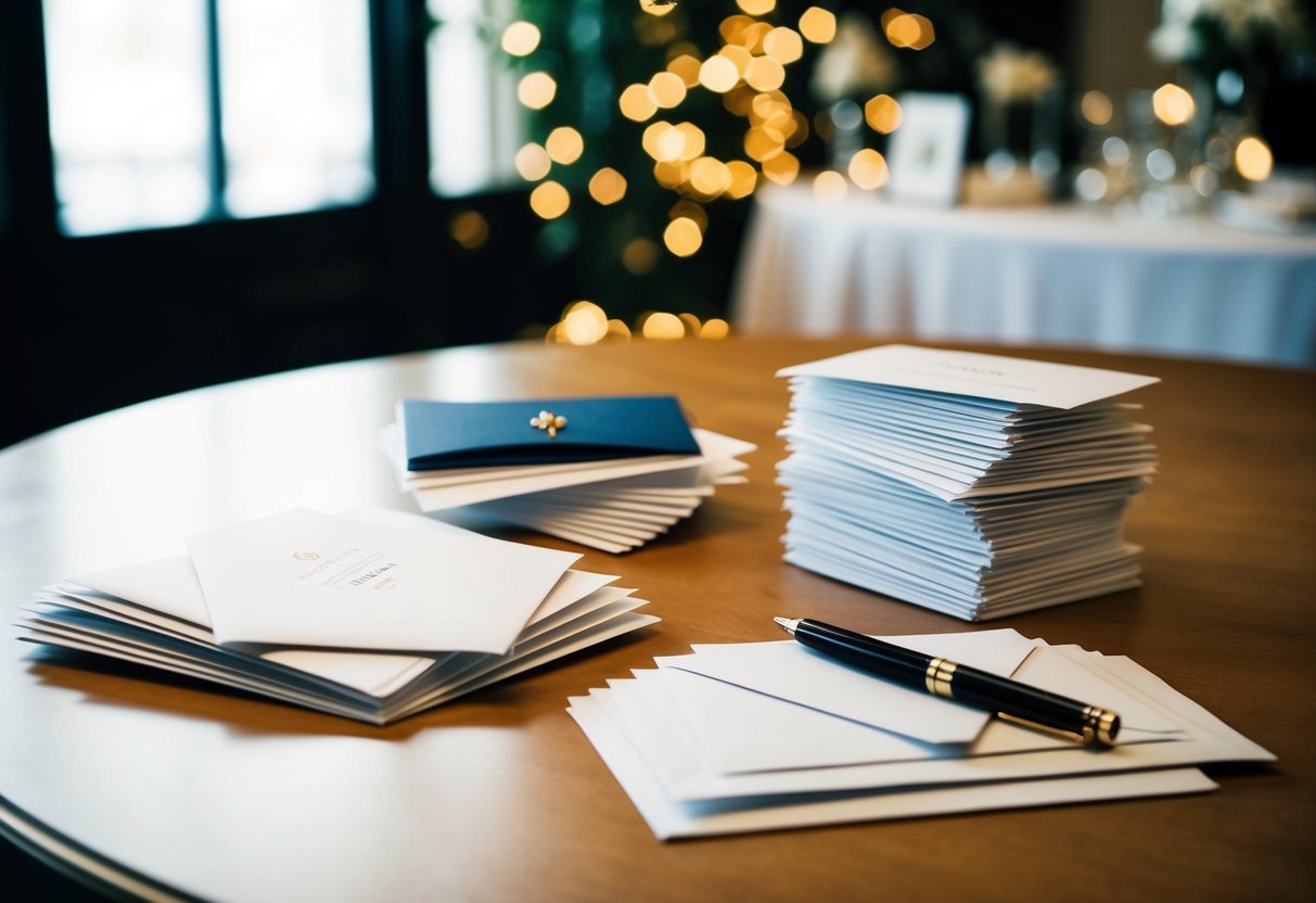 A table with an assortment of elegant wedding invitations, a stack of envelopes, and a pen lying nearby