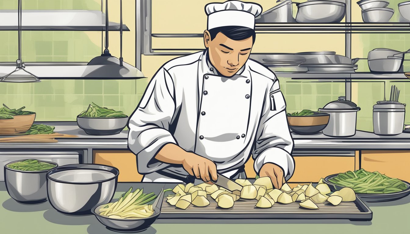 A chef chopping jicama into thin slices to use as a substitute for water chestnuts in a stir-fry dish