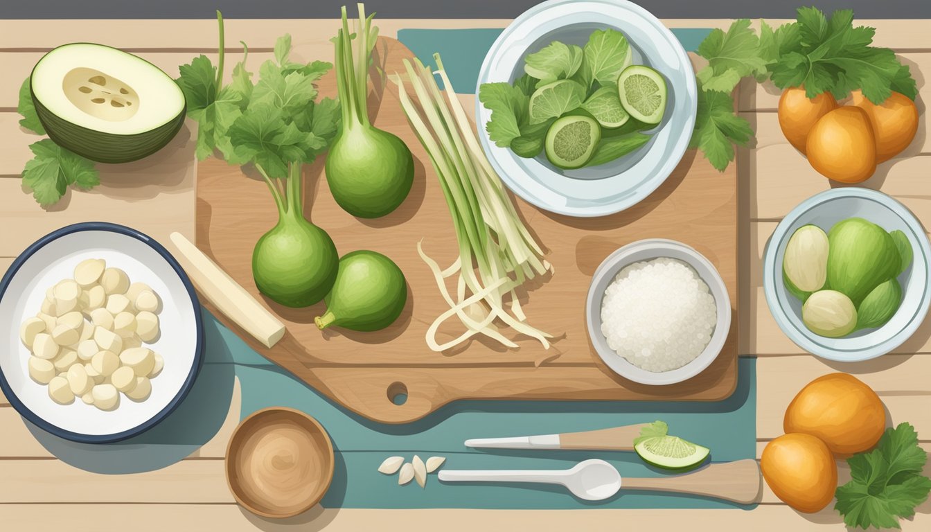 A cutting board with jicama and water chestnuts, surrounded by measuring cups and nutritional information charts