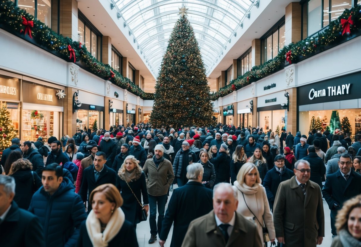 A crowded shopping mall with a large Christmas tree in the center, surrounded by people bustling about and holiday decorations adorning the walls and storefronts