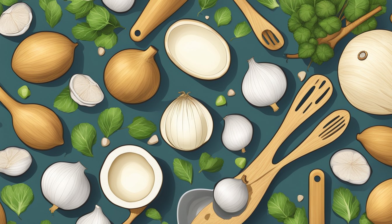 A kitchen counter with jicama and water chestnuts surrounded by cooking utensils and ingredients