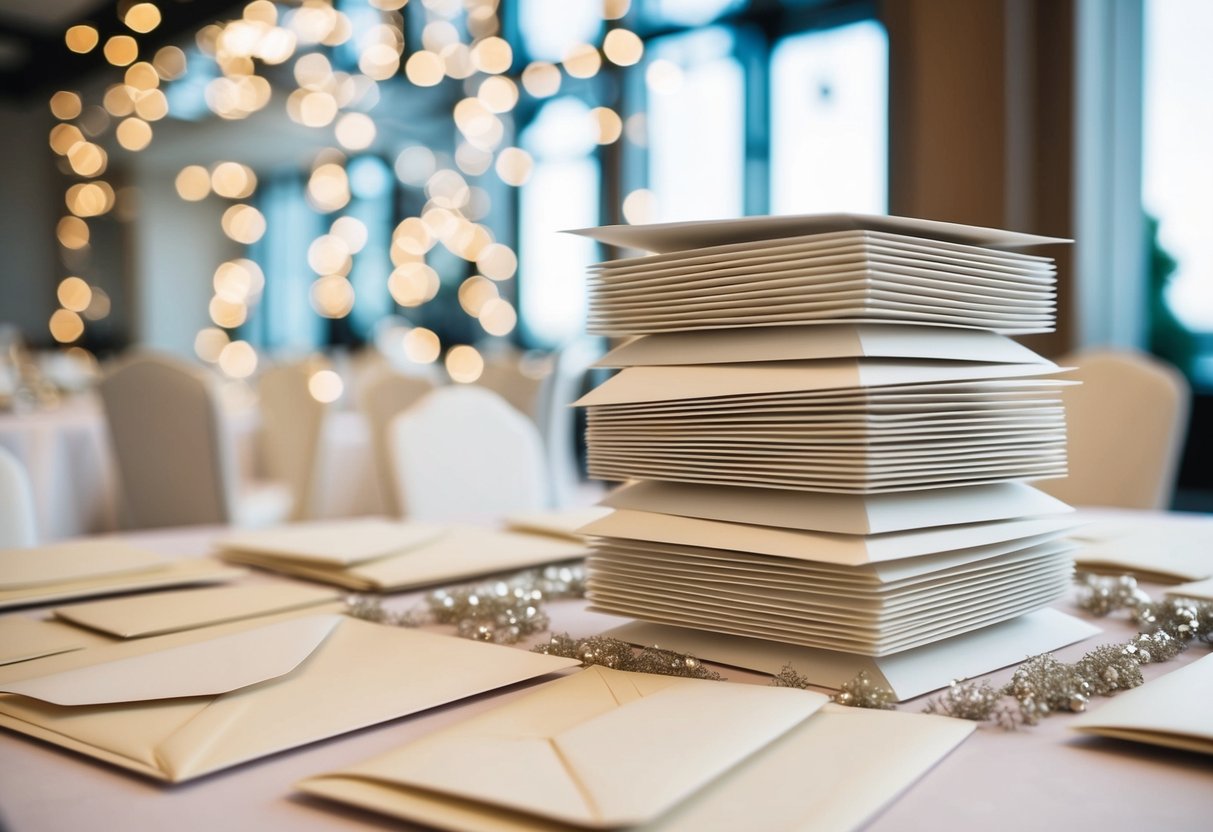 A stack of elegant wedding invitations arranged neatly on a table, surrounded by matching envelopes and decorative embellishments