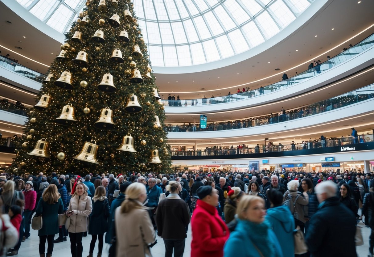 A crowded shopping mall with a giant Christmas tree, blaring "Jingle Bells" over the loudspeakers