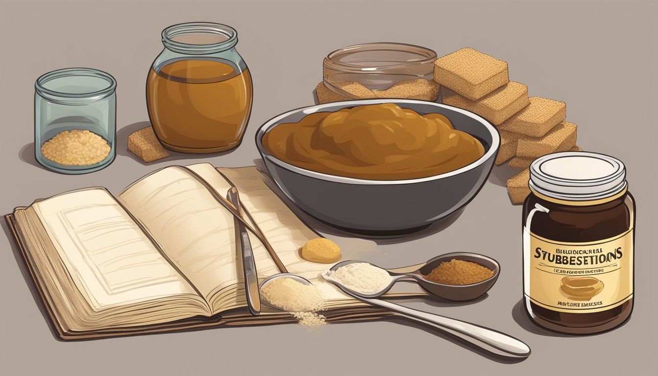 A bowl of jaggery next to a jar of molasses, with a measuring spoon and a recipe book open to a page about substitutions