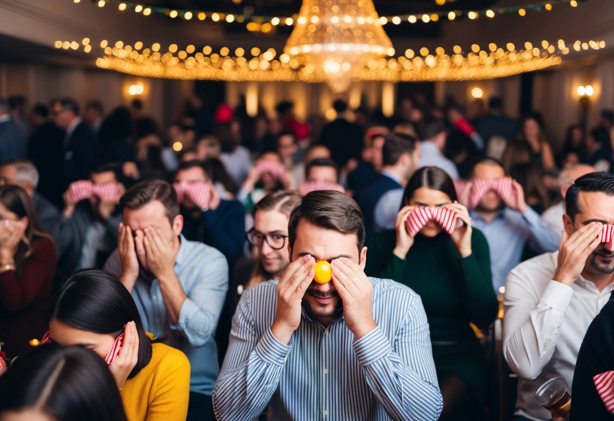 A crowded holiday party with people covering their ears as "Jingle Bells" blares from the speakers