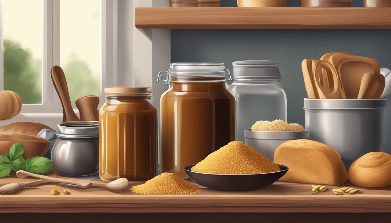 A kitchen counter with a jar of jaggery and a bottle of molasses, surrounded by various baking ingredients and utensils