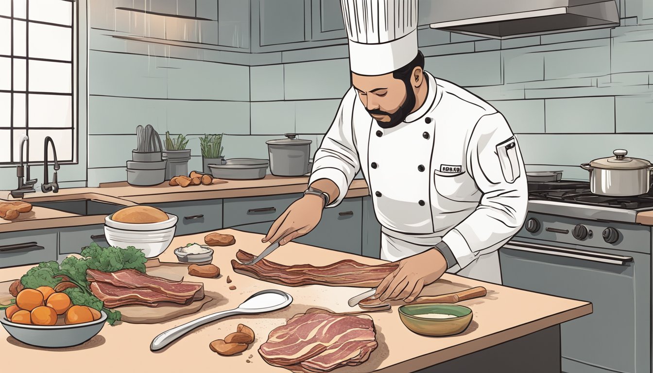 A chef reaching for jowl bacon while looking at a recipe for guanciale substitution. Ingredients and utensils scattered on a kitchen counter