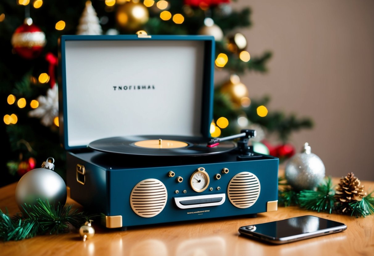 A vintage record player surrounded by classic Christmas decorations, with a modern music streaming device sitting nearby