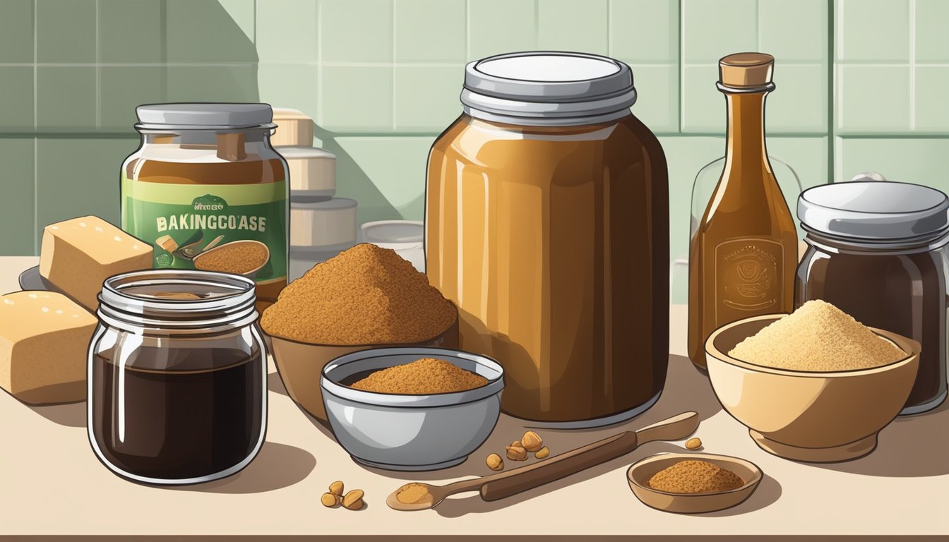 A kitchen counter with a jar of jaggery and molasses, surrounded by various baking ingredients and utensils