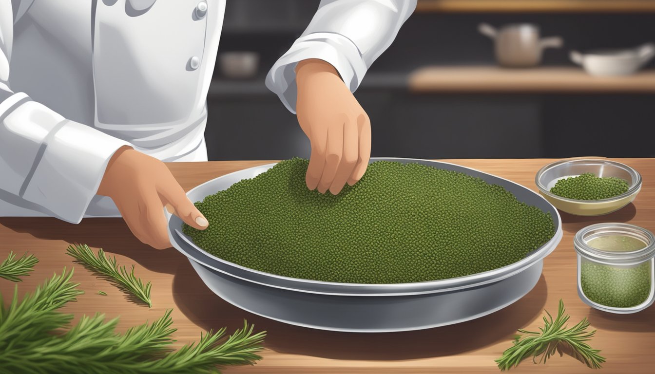 A chef sprinkles crushed juniper berries onto a dish, substituting them for rosemary