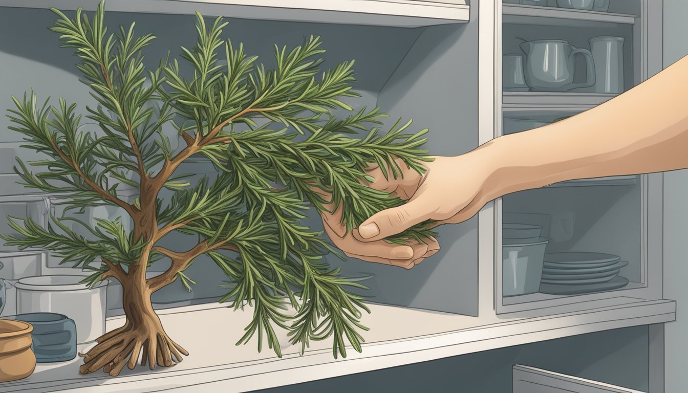 A hand reaching for juniper berries on a kitchen shelf, with a sprig of rosemary nearby