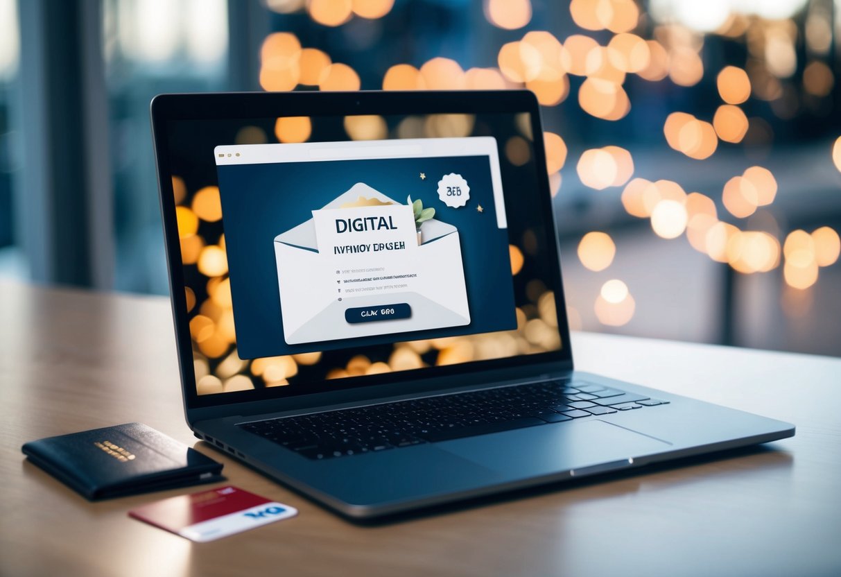 A laptop displaying a digital invitation design with a price tag. An open wallet with a credit card next to it