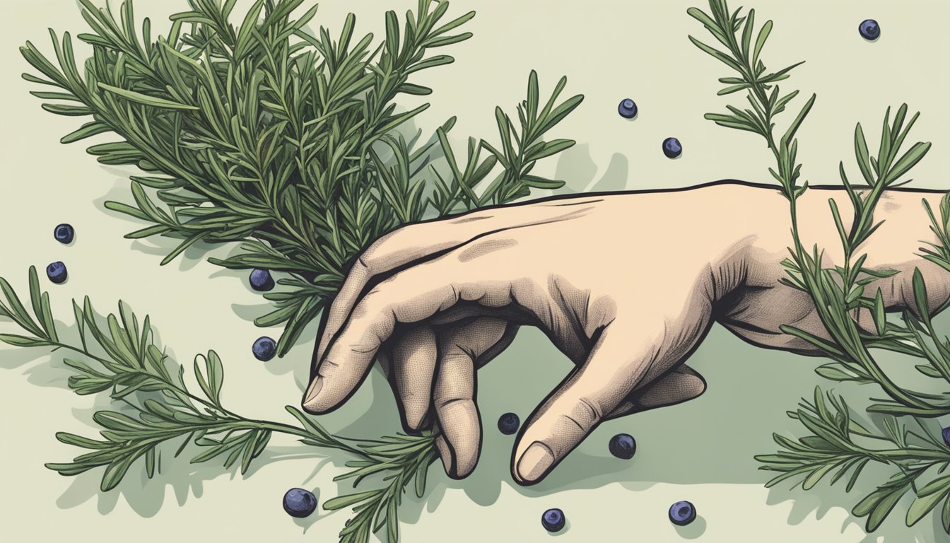 A hand reaching for juniper berries next to rosemary