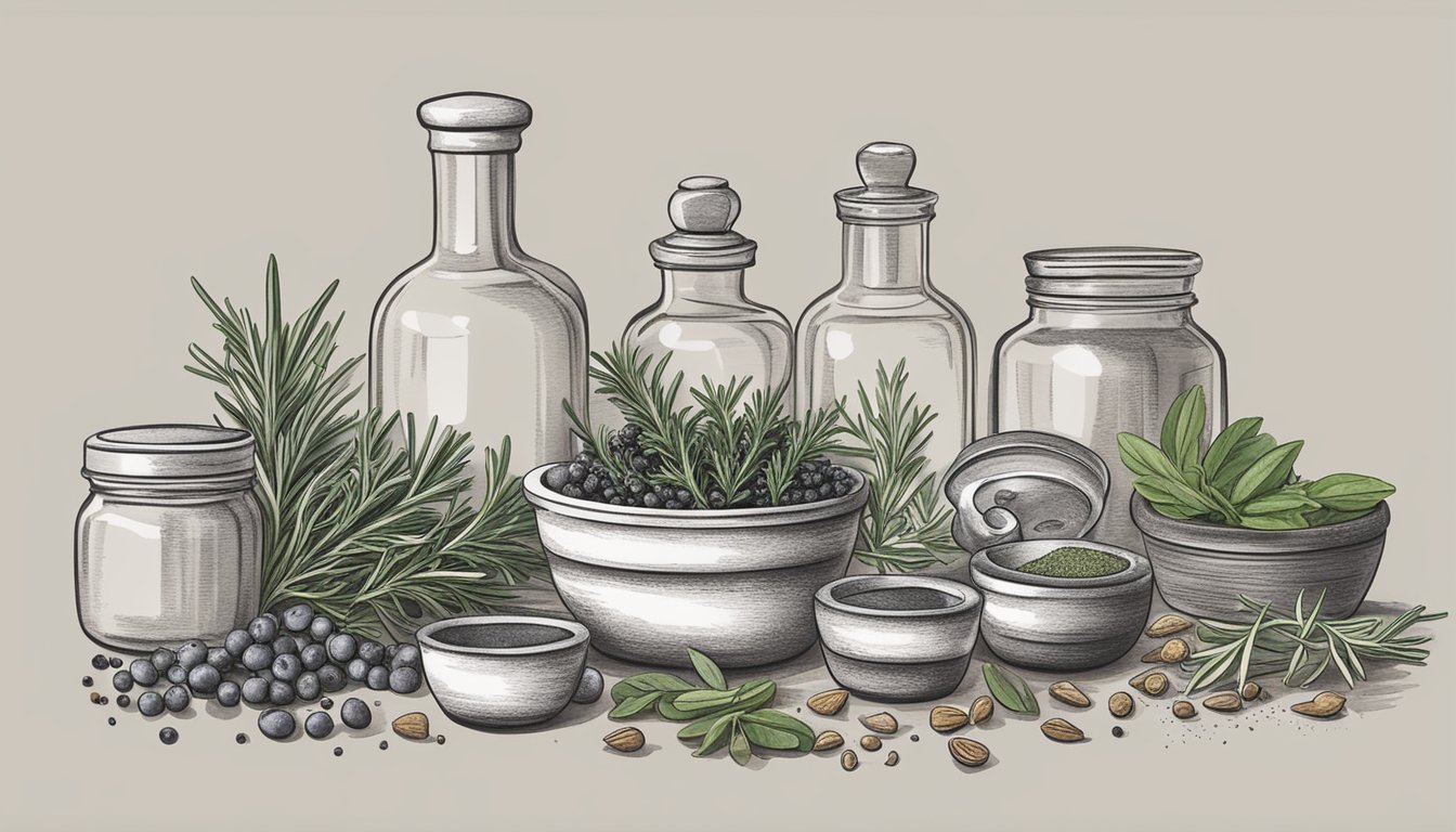 A kitchen counter with a mortar and pestle, juniper berries, and rosemary sprigs, surrounded by jars of various herbs and spices