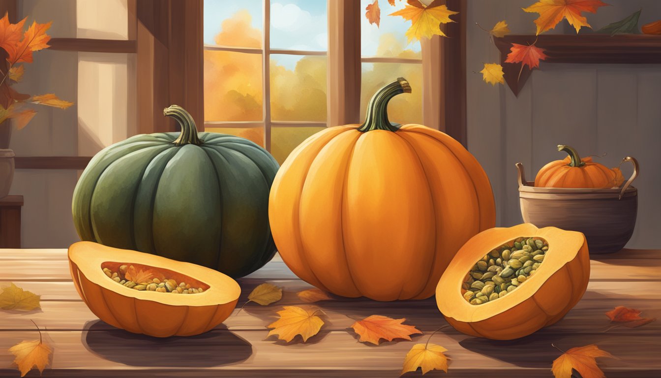 A whole kabocha squash and pumpkin sit side by side on a wooden table, surrounded by autumn leaves and a warm, cozy atmosphere