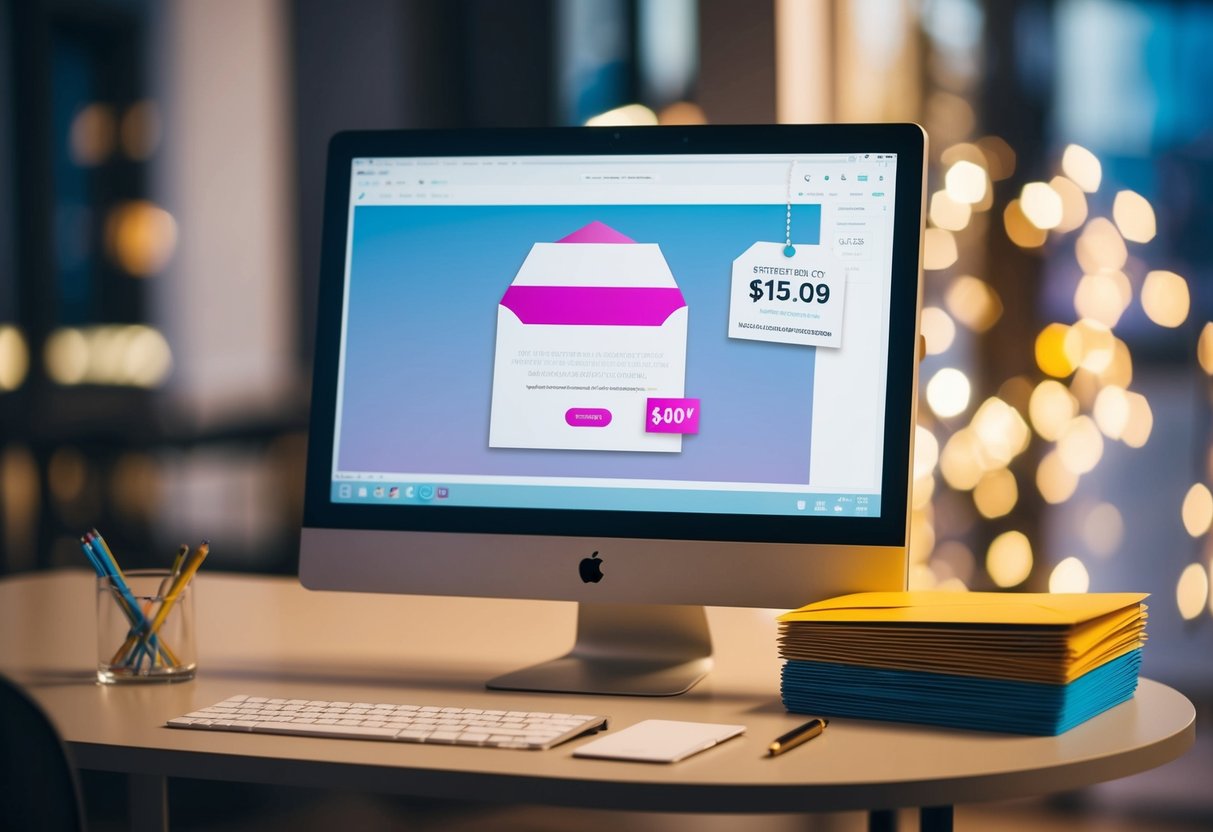 A computer screen displaying a digital invitation design with a price tag next to it. A stack of colorful envelopes and a pen sit nearby