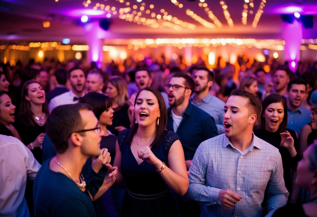 A crowded dance floor with people singing along to a familiar tune