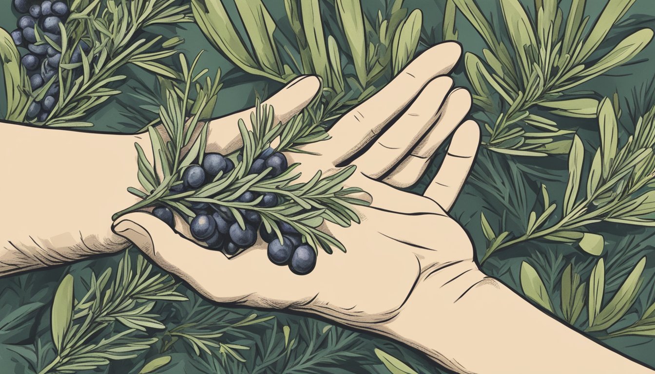 A hand reaching for juniper berries next to a sprig of rosemary